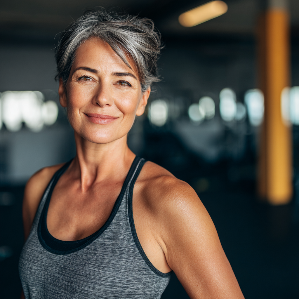 Confident middle-aged woman in her early 50s wearing athletic wear, standing in a modern gym with natural lighting. She has a warm smile and appears healthy and energetic, representing the target demographic of mature adults who prioritize fitness and wellness.
